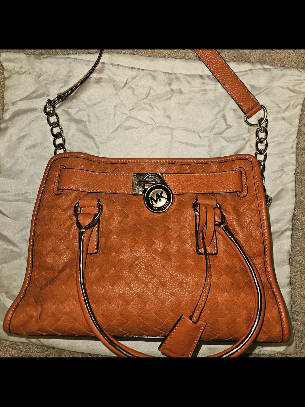 Michael Kors Hamilton Set, Burnt Orange Woven Leather Satchel/Crossbody/Coin Pur